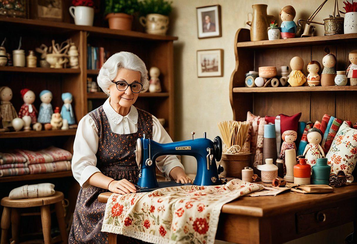 A cozy crafting scene featuring a skilled artisan creating unique grandma dolls, surrounded by colorful fabrics, vintage sewing tools, and heartwarming family photos. Soft, warm lighting enhances the nostalgia. A background with shelves displaying finished dolls adds depth, while a rustic wooden table gives a homely feel. super-realistic. warm tones. vintage aesthetic.