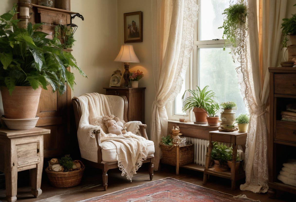 A cozy, inviting living room featuring a beautifully crafted artisanal doll on a wooden shelf, surrounded by vintage heirlooms and warm decor elements. Soft sunlight filters through lace curtains, casting gentle shadows and highlighting the intricate patterns on the doll's clothing. A textured woven blanket drapes over a nearby armchair, enhancing the warmth of the scene. The background includes touches of greenery with potted plants, evoking a sense of nostalgia and comfort. cozy, rustic, vibrant colors, super-realistic.