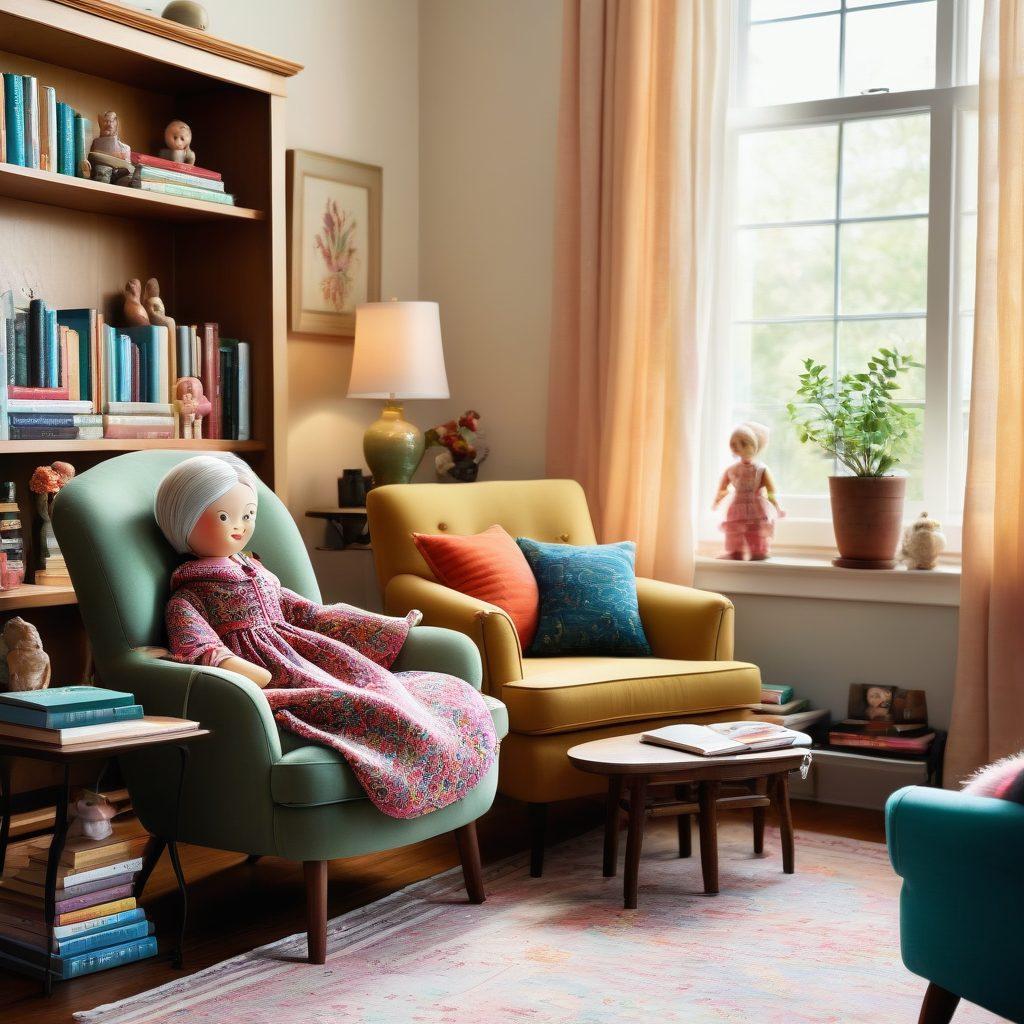 An enchanting living room scene showcasing vibrant custom grandma dolls with unique designs, each exuding personality and warmth. Include a cozy chair and bookshelves in the background filled with colorful books and family photos, enhancing the homey vibe. Soft morning light filters through the window, casting gentle shadows, creating a whimsical atmosphere. charming illustration style. vibrant colors.